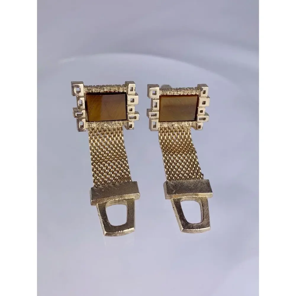 Tigers Eye Mesh Wrap Gold Tone Cufflinks Squares Modernist Retro